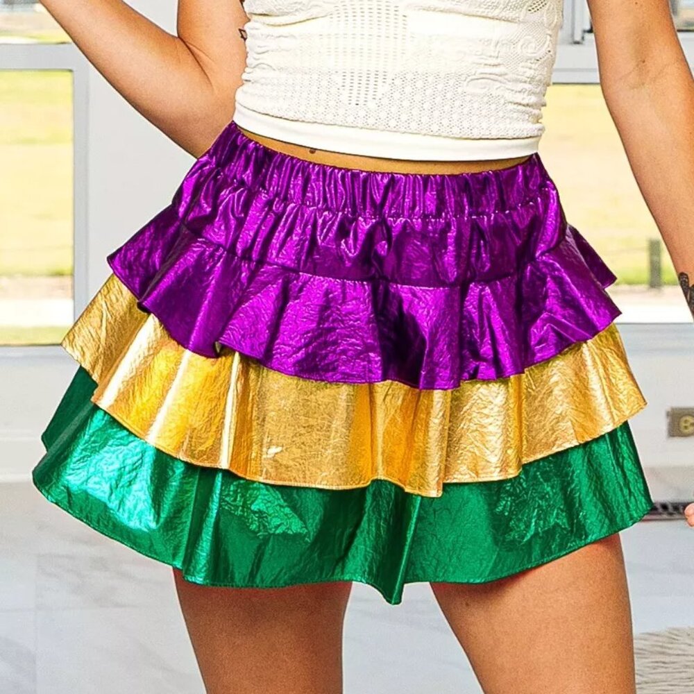 BiBi Mardi Gras Color Block‎ Metallic Tiered Skirt